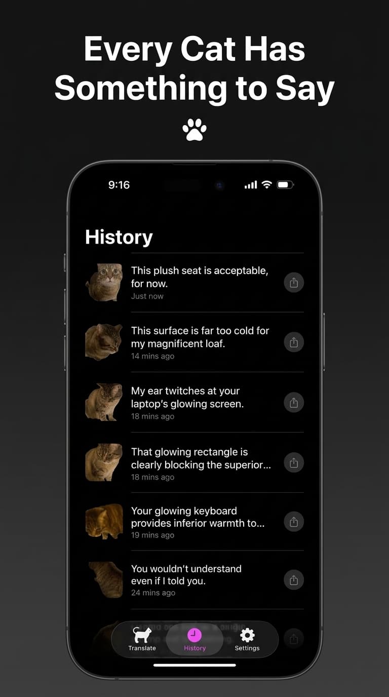 julie translation history showing cat thoughts